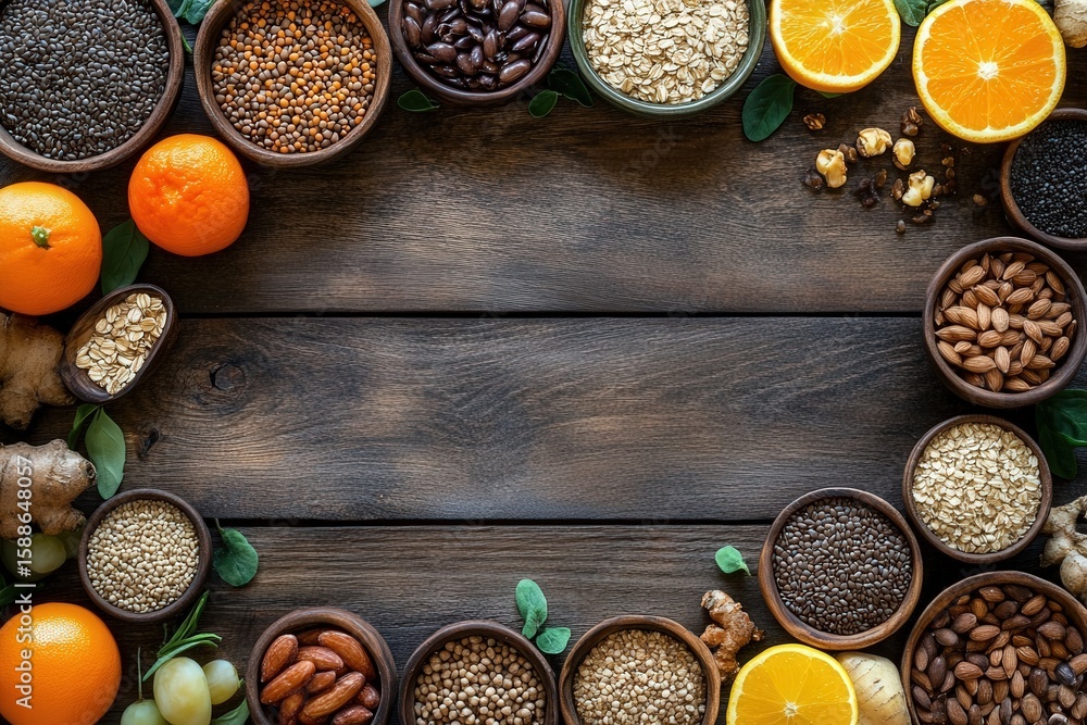 Healthy Food Ingredients and Superfoods Flat Lay on Dark Wooden Table with Copy Space Healthy Food Ingredients and Superfoods Flat Lay on Dark Wooden Table with Copy Space