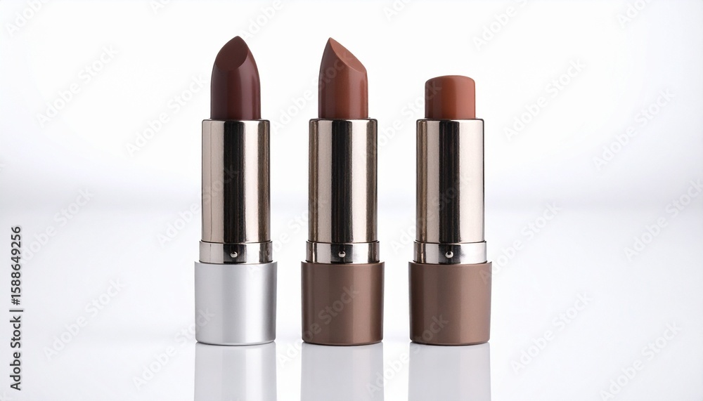 Obraz premium Three brown-toned lipsticks with silver and gold casings on a minimal white surface