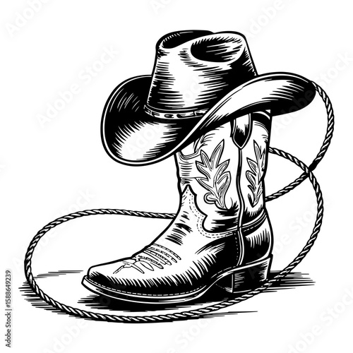 Vector Illustration Frame from rope lasso with cowboy boots and hat in engraving style. Design element for poster, card, banner, sign