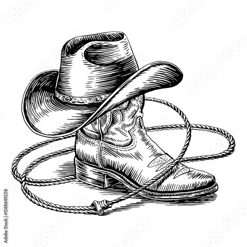 Vector Illustration Frame from rope lasso with cowboy boots and hat in engraving style. Design element for poster, card, banner, sign