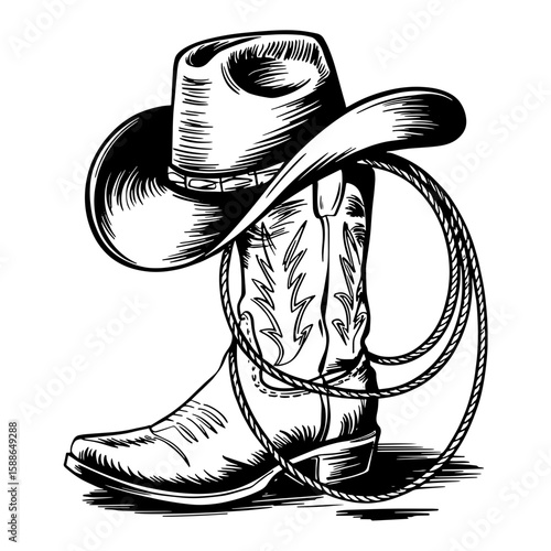 Vector Illustration Frame from rope lasso with cowboy boots and hat in engraving style. Design element for poster, card, banner, sign