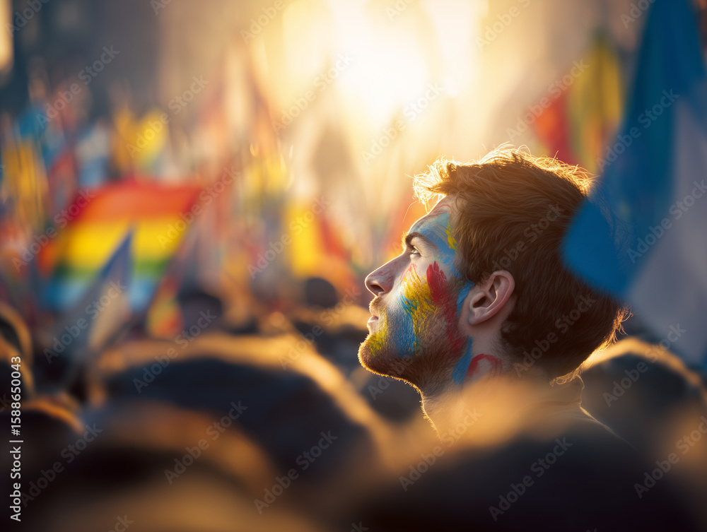 Obraz premium Young man with painted face watching event with rainbow flag in background