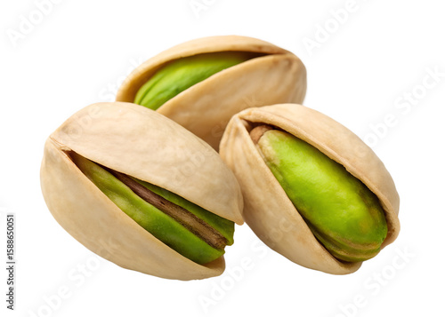 Photos Three fresh pistachios with open shells reveal vibrant green nuts, perfectly isolated on a transparent background, high quality PNG file