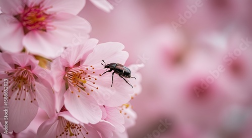 A black beetle crawls across the delicate pink petals of a cherry blossom flower, surrounded by other blurred blossoms.