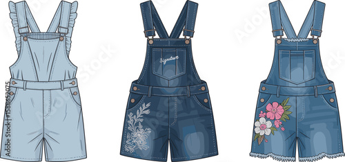 Cad Drawing Flat Vector Illustration of Trendy Women’s Denim Overalls with Embroidery, Ruffle Straps, Summer Casual Outfit, Fashion Template