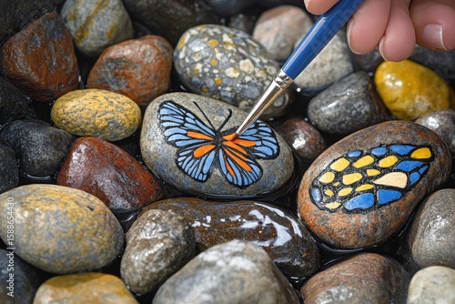 Hand Painting a Colorful Butterfly Design on Pebbles in Water