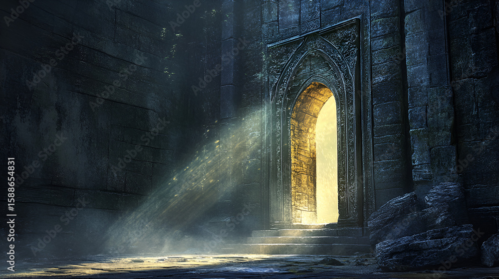 Fototapeta premium Stone archway with ornate frame illuminated by light steps lead up to the entrance