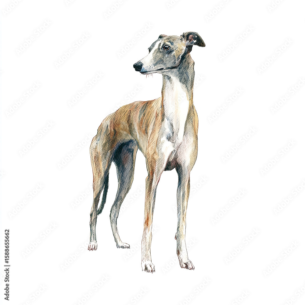 Obraz premium Whippet dog standing, full body side view, isolated on white background