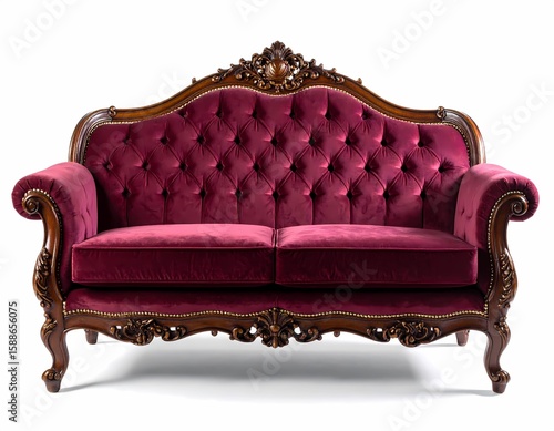 Victorian Settee with Maroon Velvet and Mahogany Carving – 1800s Royal Furniture Isolated