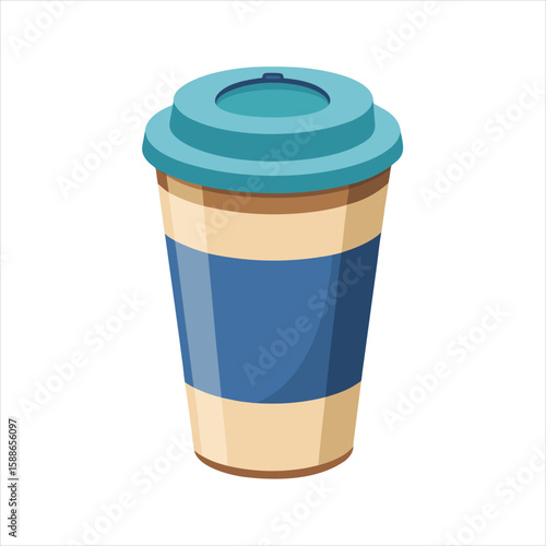 A disposable coffee cup with a blue lid and a blue band, isolated on a white background