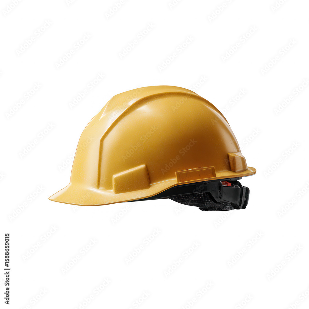 Fototapeta premium A close-up view of a bright yellow hard hat, representing safety and protection in the construction industry. Ideal for safety awareness and work safety promotional materials.