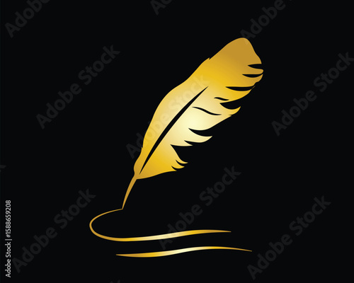Golden quill pen elegantly poised, leaving a flowing golden ink trail on a dark background.