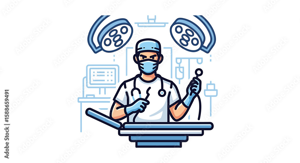 Focused Doctor in Surgical Mask Ready for Operation A Health and Medical Vector Illustration Focused Doctor in Surgical Mask Ready for Operation A Health and Medical Vector Illustration