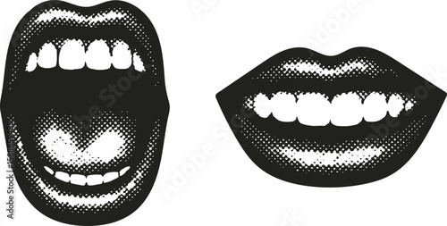 Retro Halftone Mouth Illustrations – Vintage Comic Style Open and Smiling Lips Vector Art