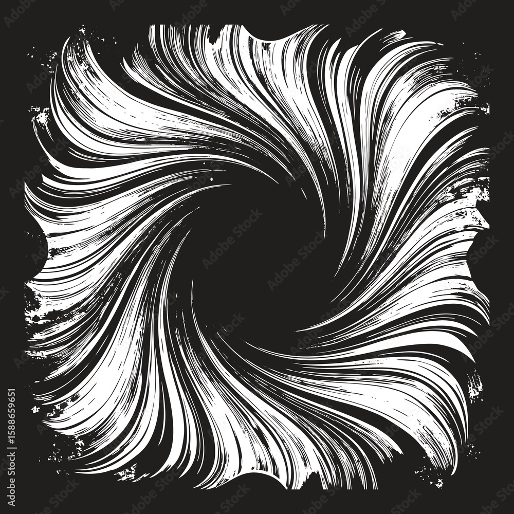 Fototapeta premium Dynamic swirling abstract frame with bold white brushstrokes creating a vortex effect against a black background