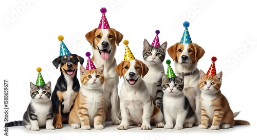 Joyful celebration concept with an adorable group of cats and dogs wearing colorful party hats, isolated on a white background.