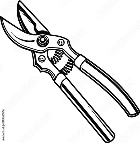 Isolated metal garden tools, including a sharp cutting knife, pliers, and scissors, are displayed on a white background, offering a multi-tool illustration