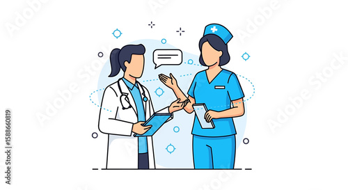 Healthcare professionals collaborating Doctor and nurse discussing patient care in a clean, modern illustration.