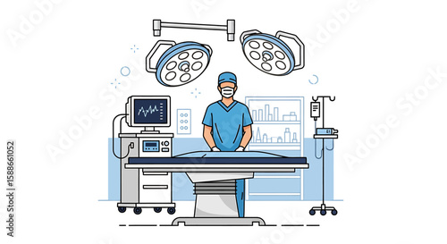 Surgical Procedure Illustration Doctor in Operating Room with Medical Equipment