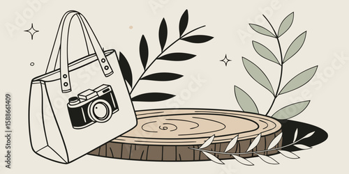 Contemporary minimal product showcase on a soft beige backdrop, featuring a wooden slab stand and fresh green foliage vector illustration black background with handbag.