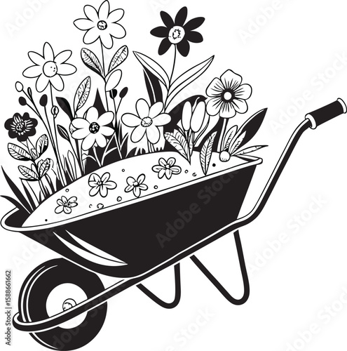 A vibrant red garden wheelbarrow, full of colorful spring flowers, is an isolated icon of gardening work