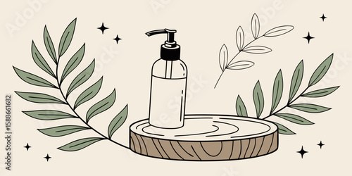 Contemporary minimal product showcase on a soft beige backdrop, featuring a wooden slab stand and fresh green foliage vector illustration.