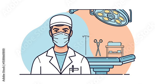 Professional Medical Illustration A depiction of Surgeon in Surgical Setting, with Surgical Tools & Lighting, ready for operation