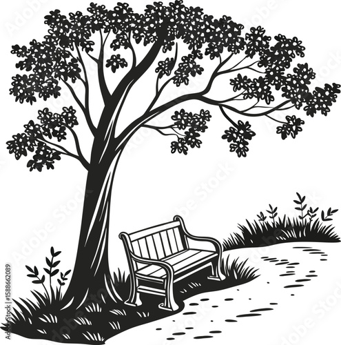 An empty wooden bench sits under a bare tree in a winter park landscape, covered in a dusting of snow