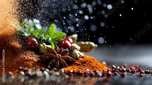 Fototapeta Naklejka Na Ścianę i Meble -  Aromatic spices and herbs with star anise, peppercorns, and red chili powder creating dynamic composition with falling spice dust in dramatic lighting.