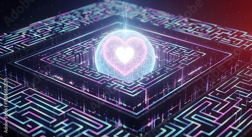 Abstract digital maze design with glowing heart-shaped sphere in the center.