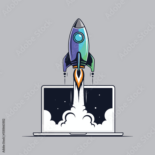 Colorful rocket launching from laptop screen, symbolizing digital innovation and rapid growth.