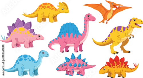 Colorful cartoon dinosaurs in playful poses, educational prehistoric creature illustration for children, fun kids art, Jurassic theme, learning
