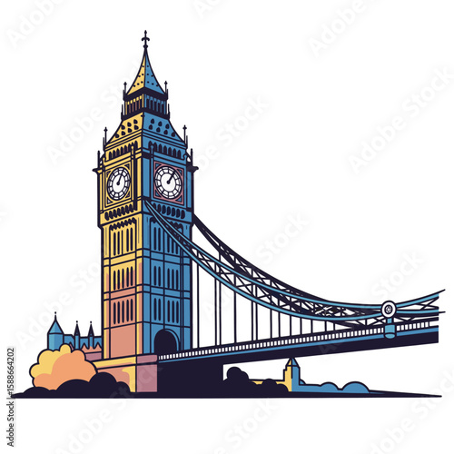 Vector illustration of the iconic Big Ben clock tower and a bridge in London, England.