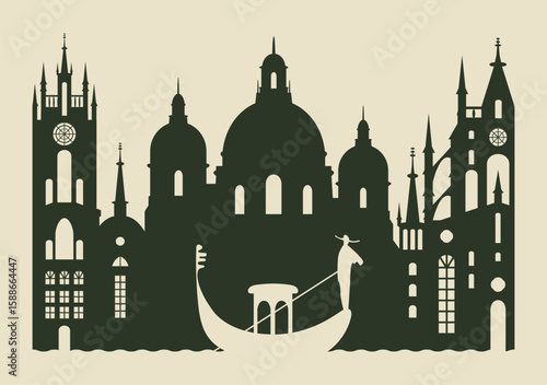Wine label with cityscape of Venice, Italy. Silhouette of  town architecture and gondola on the river. Logo, menu for restaurant, cafe, packaging. Chocolate. Tourist postcard. Language school.