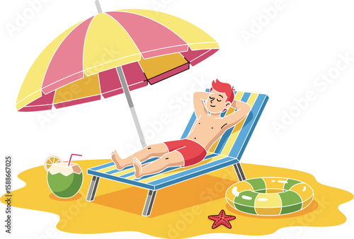 Relaxing cartoon man on beach, sunbathing under umbrella, tropical summer vacation scene with drink, sea, sand, leisure, holiday, nature