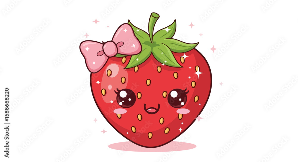 Obraz premium Smiling Strawberry Cartoon with Bow and Sparkles