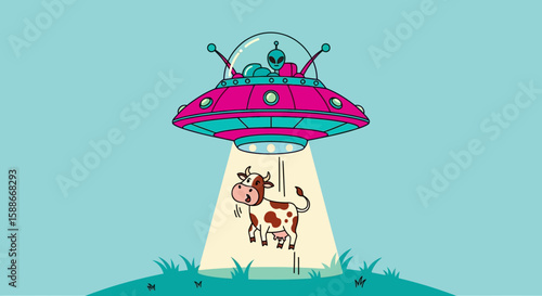 funny alien spaceship abducting cow illustration