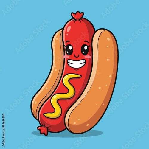 cute kawaii hot dog with mustard illustration