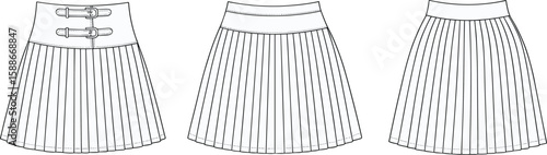 Pleated skirt flat vector CAD drawing, fashion illustration, apparel design template, detailed garment sketch for Adobe Stock content