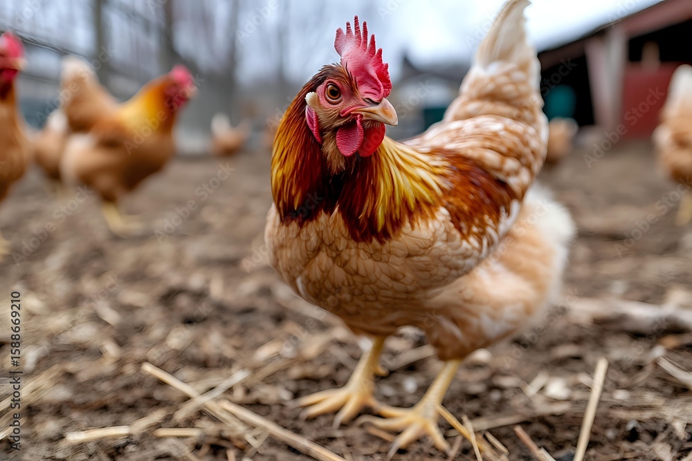Fototapeta premium Brown and red rooster with bright comb walking on farm ground with straw and hay, other chickens in background, shallow depth of field farm photography.