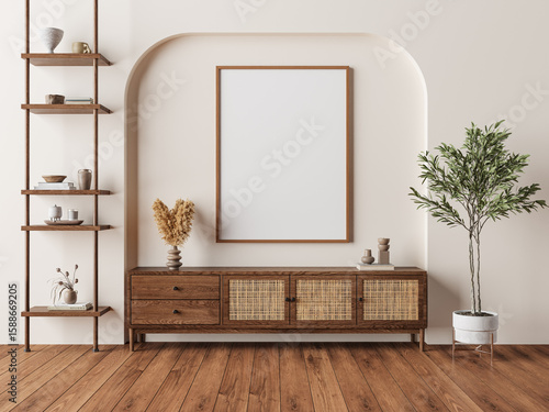 Fotografija Vertical wooden frame in alcove above dark wood sideboard with rattan cabinet do
