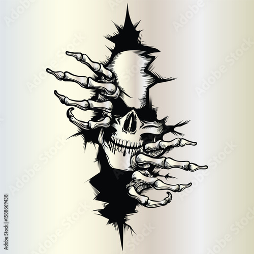 A skeletal skull and hands emerge from a torn, textured surface, creating a dramatic visual effect.