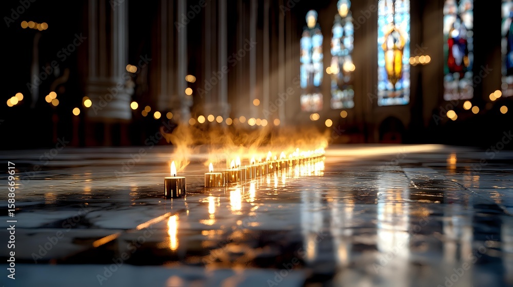 Fototapeta premium Glowing prayer candles create atmospheric path of light on church floor, illuminating stained glass windows and gothic architecture in spiritual ambiance.