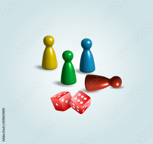 Red, blue and green glossy board game pawns isolated on white background. Plastic toy figures close up. 3D illustration. Ludo icon 3d render vector