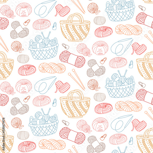 Pattern in the knitting theme. Bag, balls of yarn in a basket, knitting needles, heart doodle outline on a white. Creative flat seamless design for packaging, branding of knitted items. Made with love