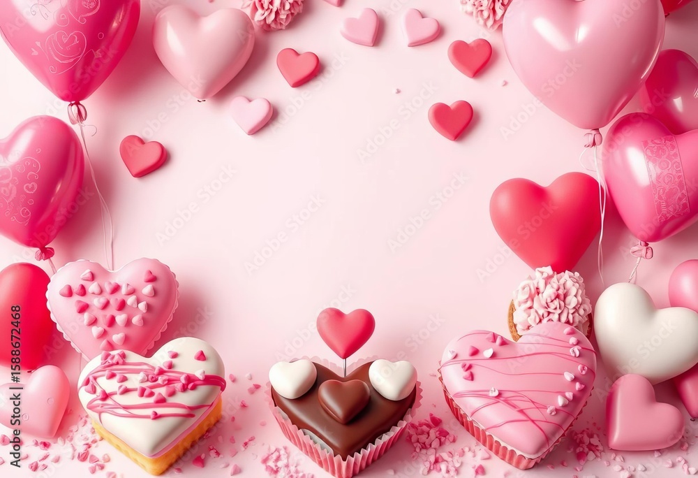 Obraz premium Pastel heart-shaped Valentine's Day chocolates and dessert decorations with balloons, food, romantic