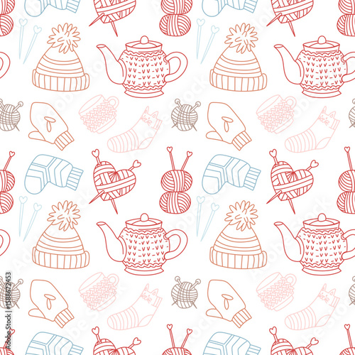 Pattern with knitted items. socks, hat, scarf, sweater for a teapot and mug, a heart doodle outline. creative flat seamless design for packaging, branding of knitted items, hand. made with love