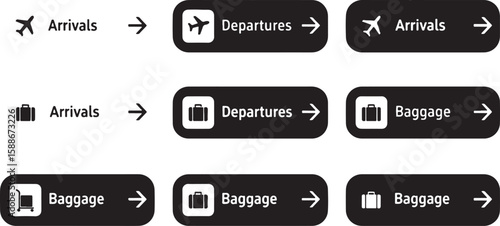 Airport signage with icons and text arrivals departures, airport, signage, arrivals, departures, baggage, airplane icon, suitcase icon, luggage cart icon, directional arrows, black and white, informat