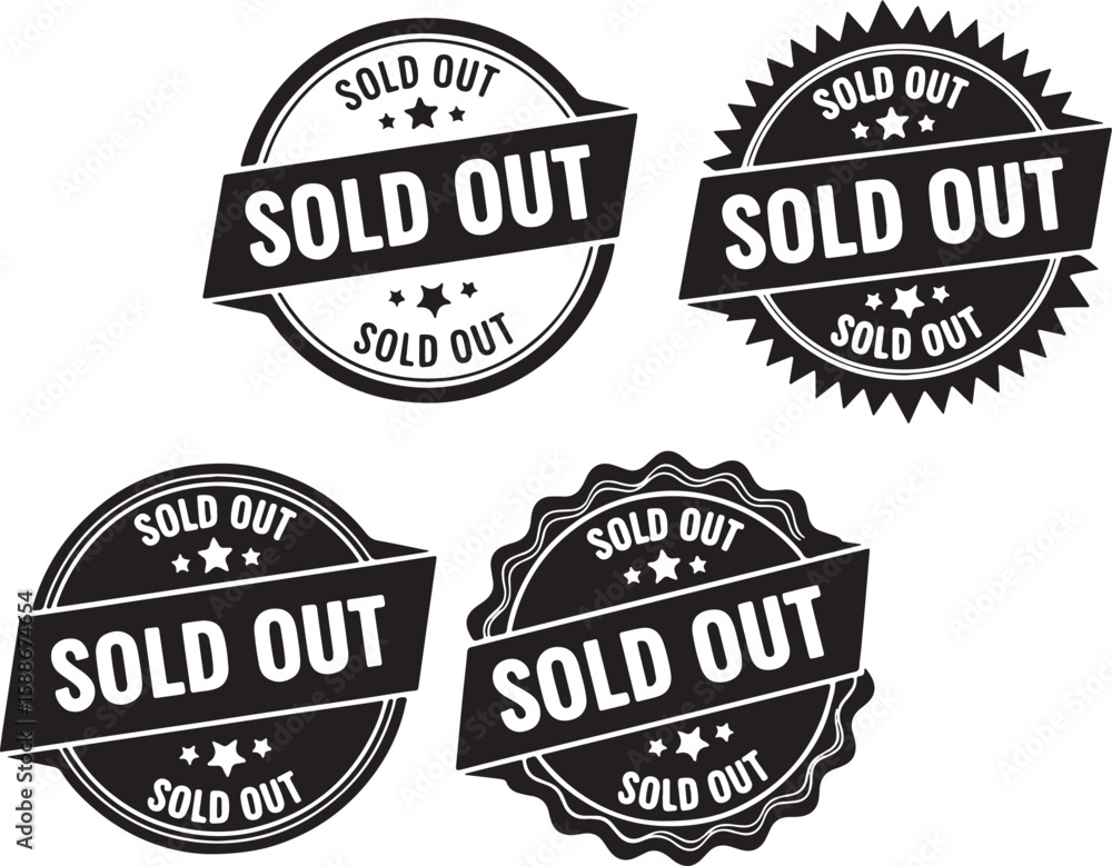 Fototapeta premium Black sold out badges with stars stamp seal, sold out, badge, stamp, seal, label, circular, ribbon, stars, black, white, graphic, design, sale, commerce, retail, business, announcement, notification, 