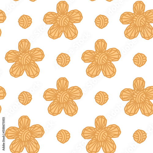 Pattern with a flower of thread. napkin in the shape of crocheted flower and ball of thread. seamless colored flat texture. creative design for packaging, branding of knitted products. Made with love